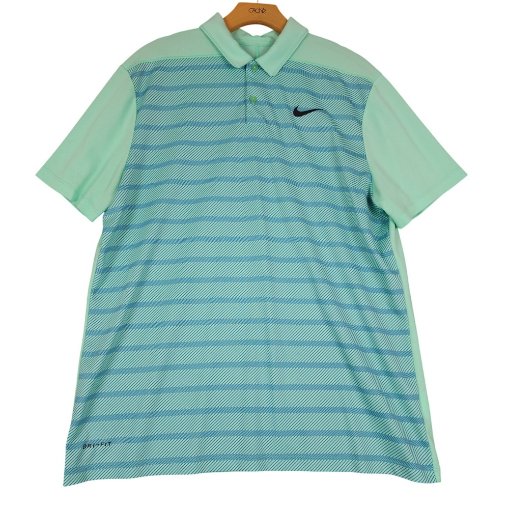 Nike Dri Fit Golf Polo Shirt Green Blue Stripe Mens Large Short Sleeve Athletic